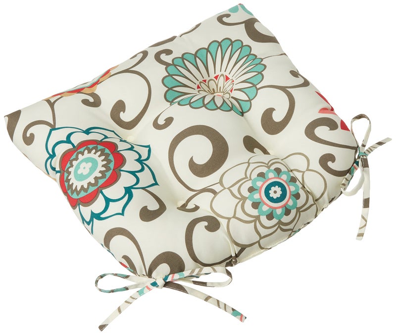 Pillow Perfect Bright Floral Indoor/Outdoor Tufted Wicker Seat Cushion With Ties, 2 Count, 17" x 17.5", Blue/Brown Pom Pom Play - Image 2